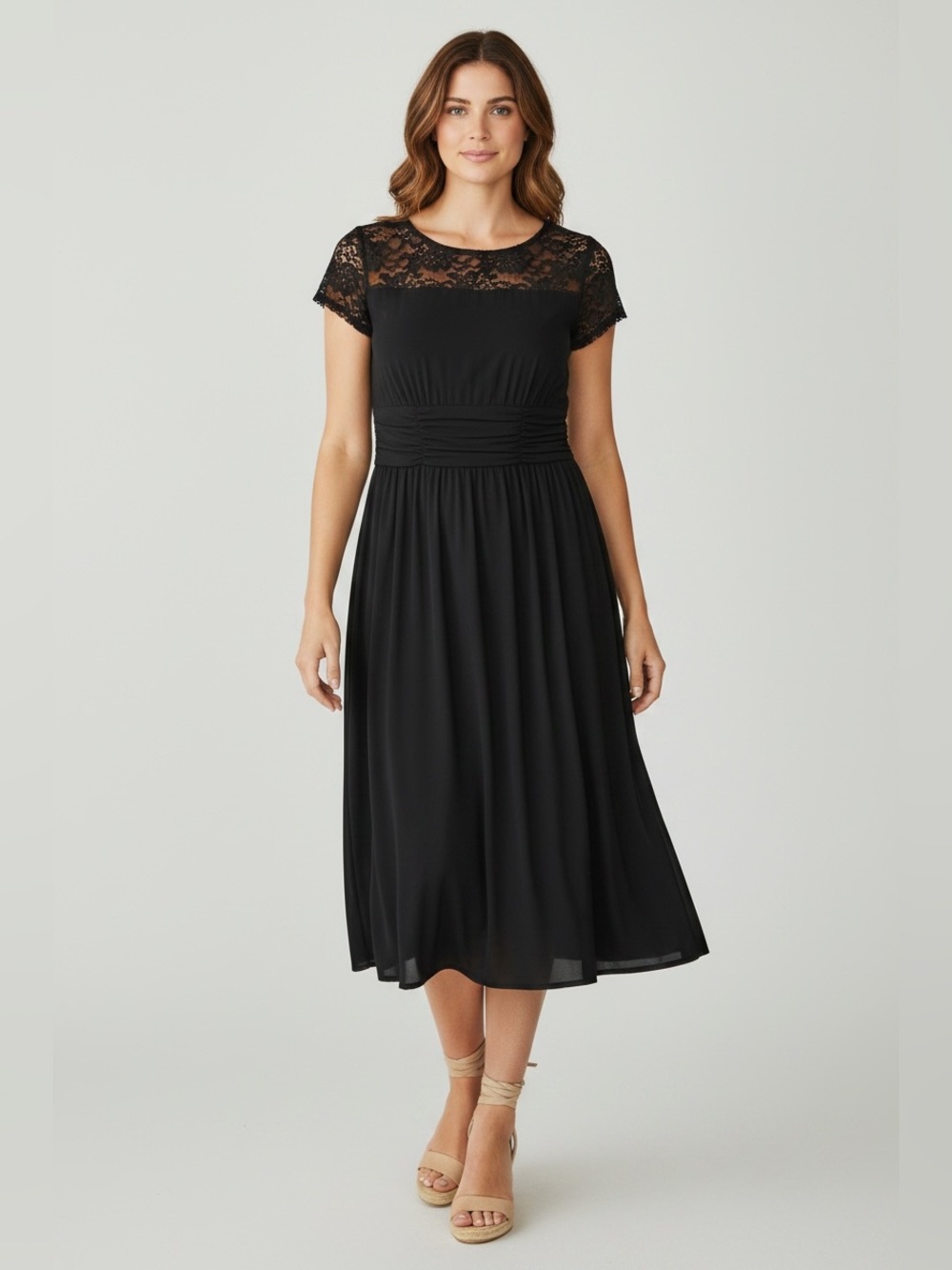 Perceptions New York Black Lace Fit & Flare Dress Ruched Waist Small NWT